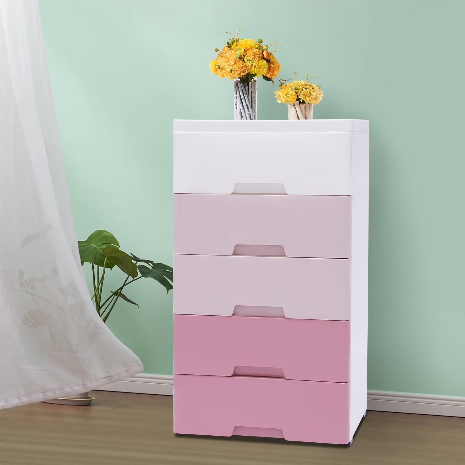 Ringmaster Plastic Drawers Dresser 5 Tier Storage Tower with 5 Drawers,Storage Organizer Rack Clothes Storage Cabinet Closet for Storing Clothes,Towels,Toys (Gradient Pink)