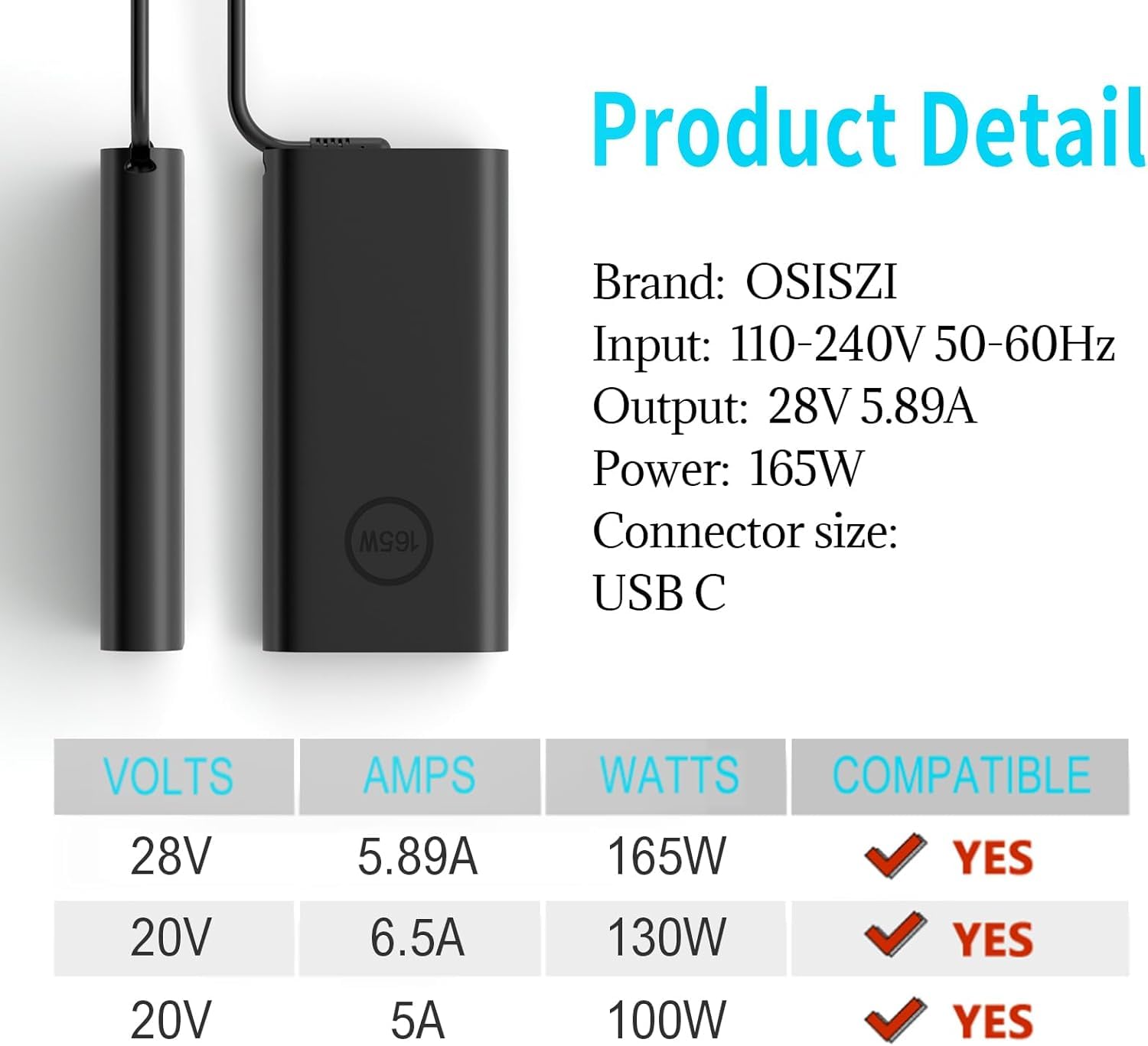 Ładowarka USB C 165 W kompatybilna z Dell Precision 5690, 5680, 3581, 3580 | Kompatybilny z Dell XPS 17, 9720, 9730, Latitude 7640, 7340, 5540, 5440, Inspiron 14, 16 Plus, 7640, 7430, DA165PM210