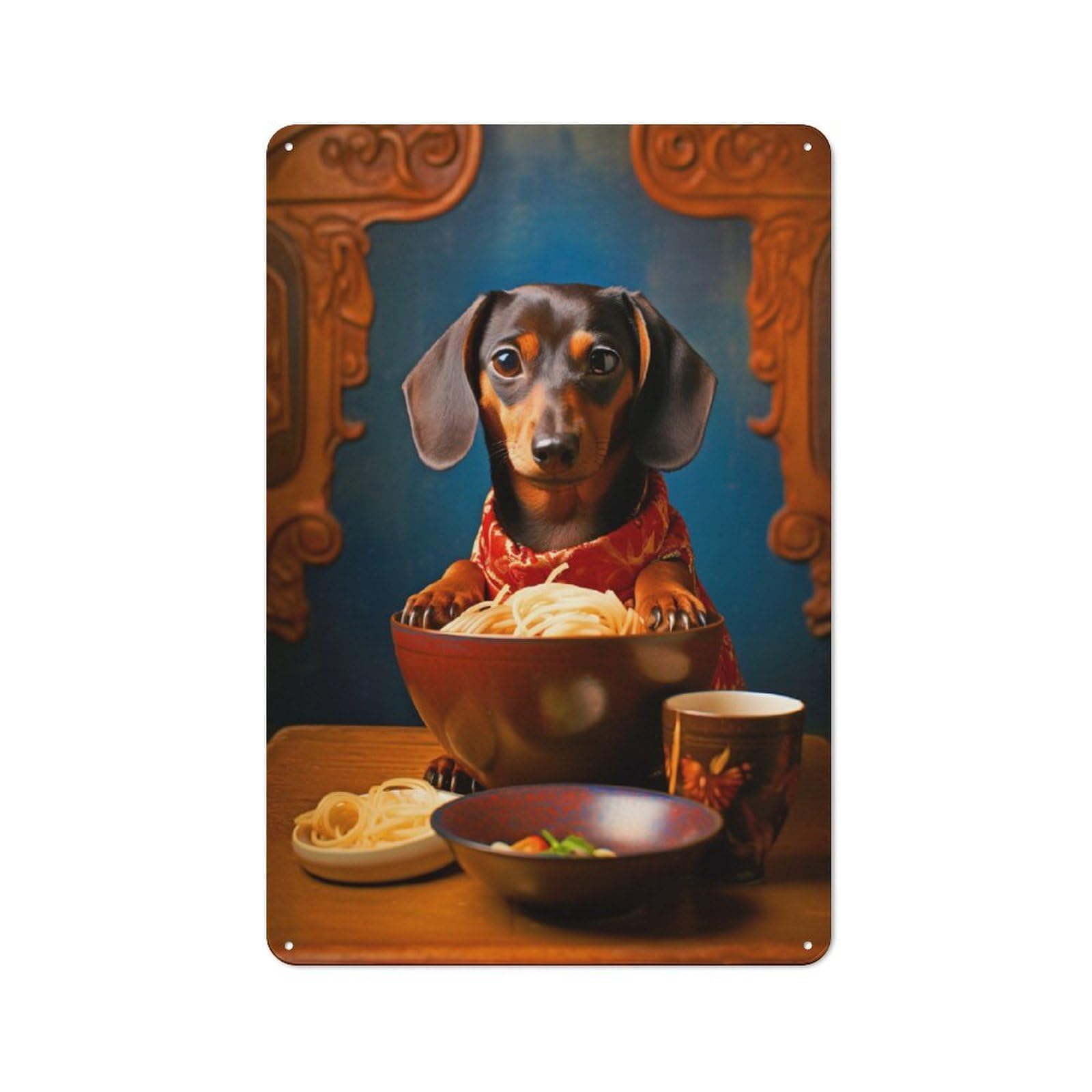 Vintage Tin Sign 30x20cm with Dachshund Eating Noodles for Garage Or Workshop, for Metal Sign Collectors, for Cafés, Pubs And Restaurants