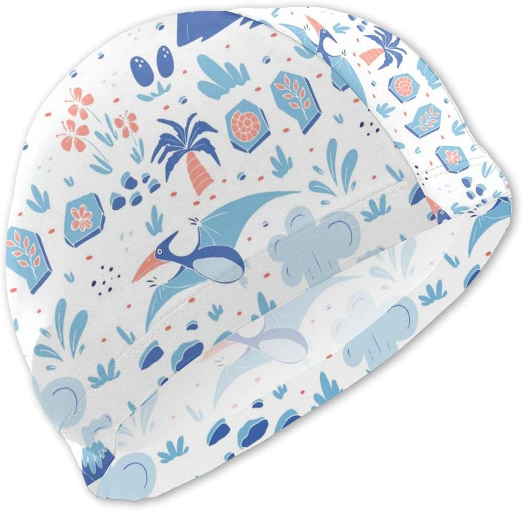 SLHFPX Kids Swim Cap Funny Dinosaurs Blue Cloth Swimming