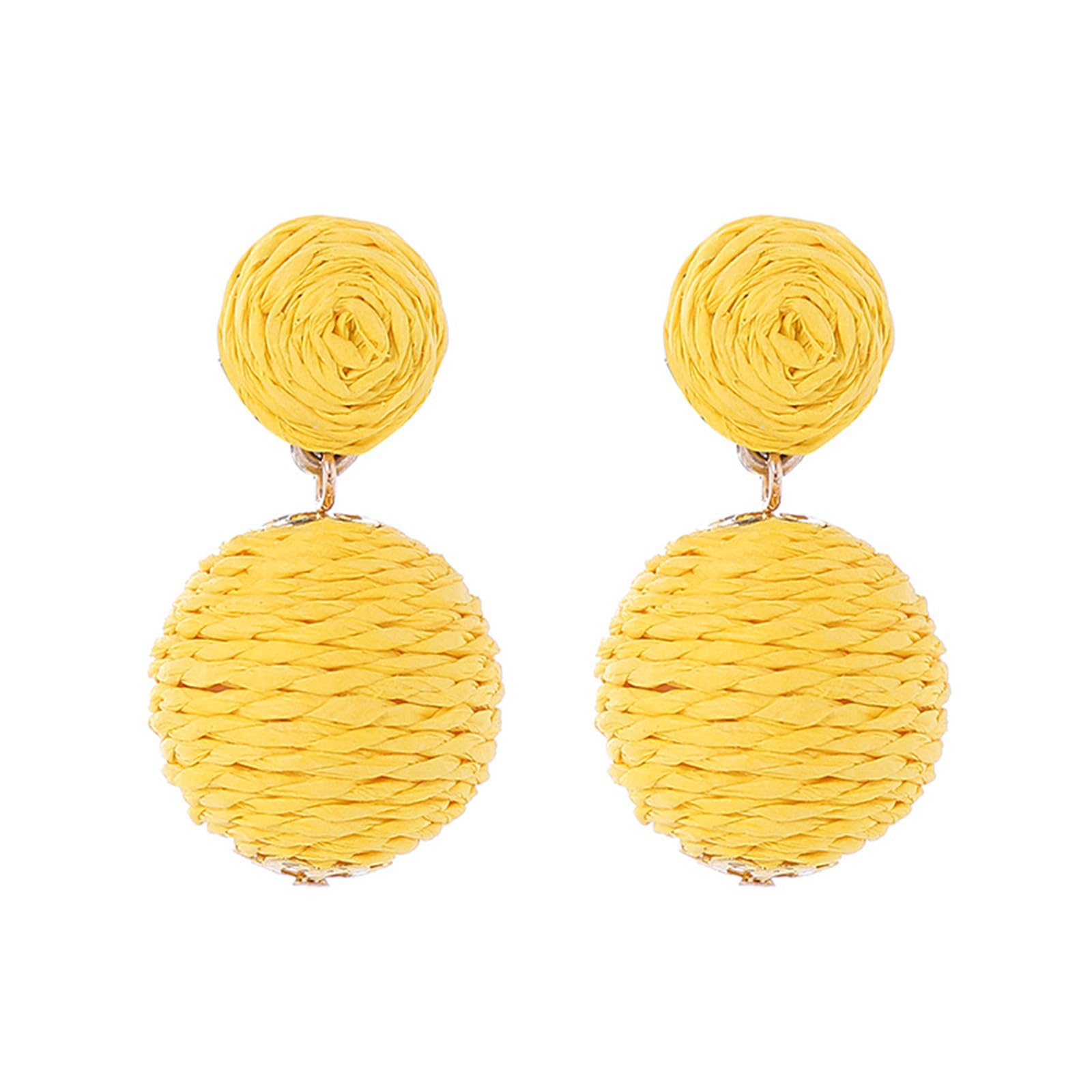 Bohemian Woven Rattan Straw Wicker Raffia Ball Drop Dangle Earring for Women Handmade Lightweight Statement Geometric Round Earring Retro Boho Summer