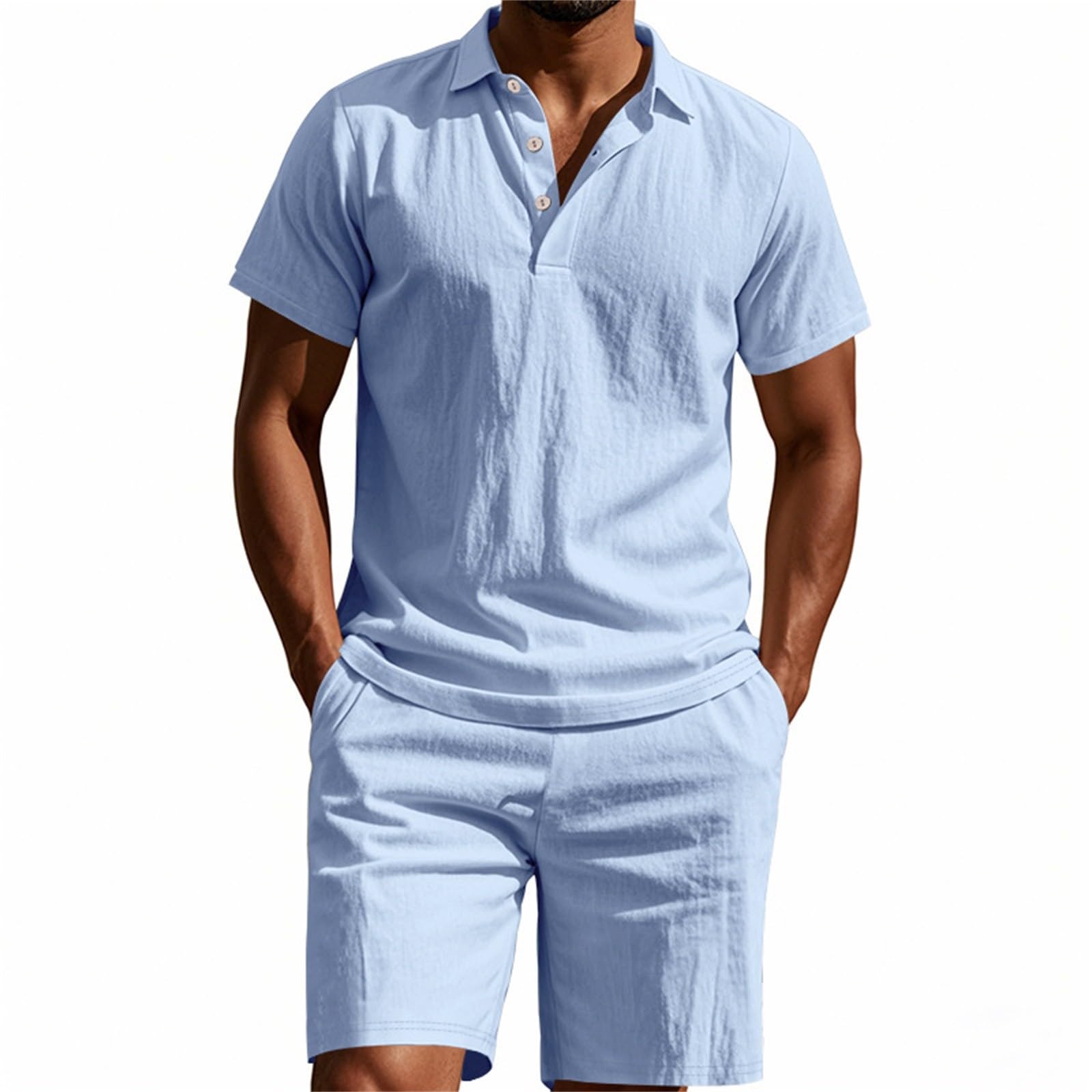 Tute Eleganti Completi Estivi Uomo 2 Pezzi Set Magliette Polo Manica Corta A Bottoni E Pantaloni Corti Con Tasche Tinta Unita Traspirante Comodo Completo Lino E Cotone Per Spiaggia