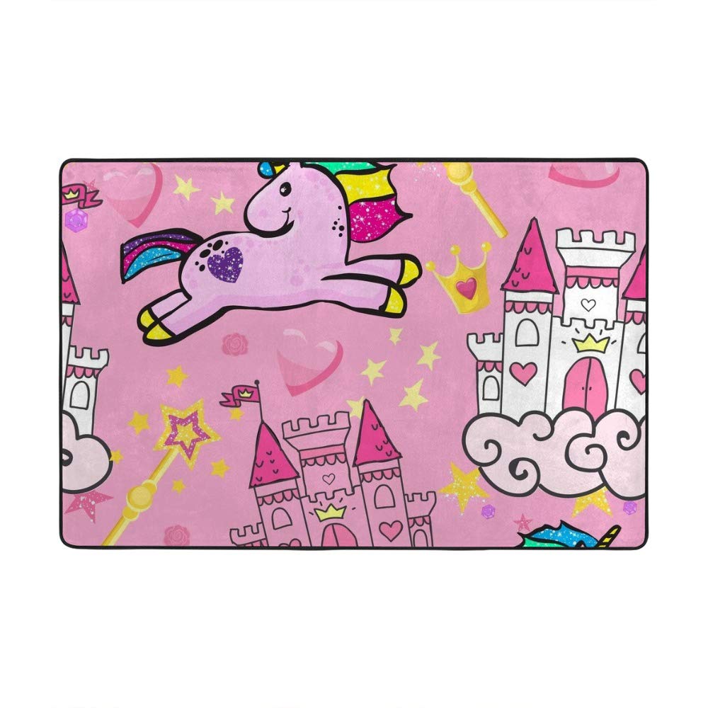 Tapis licorne château couronne grand format velours rose chambre fille