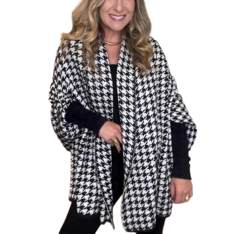 Apvirdy Houndstooth Print Ponchos for Women 2025 Open Front Knit Sweater Cardigan Batwing Oversized Sweater Coat