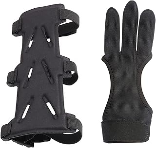 Archery Arm Guard & 3-Finger Glove Set for Women Men Adjustable Black Forearm Protector with Leather-Padded Shooting Glove 2Pcs Protective Gears for Hunting Shooting Beginners Target Practice