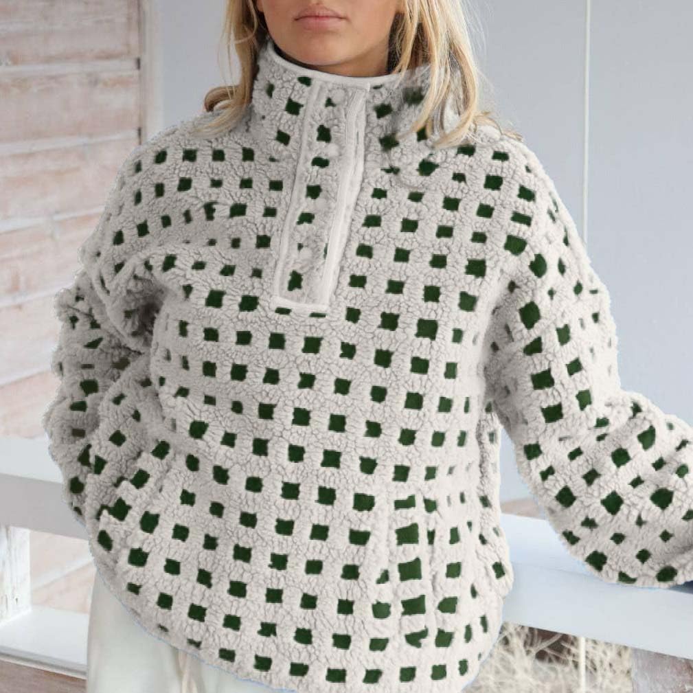 Mxiqqpltky Plaid Fleece Sweatshirt for Women Y2K Checkered Button High Neck Long Sleeve Fuzzy Sherpa Pullover Top with Pocket - Image 5