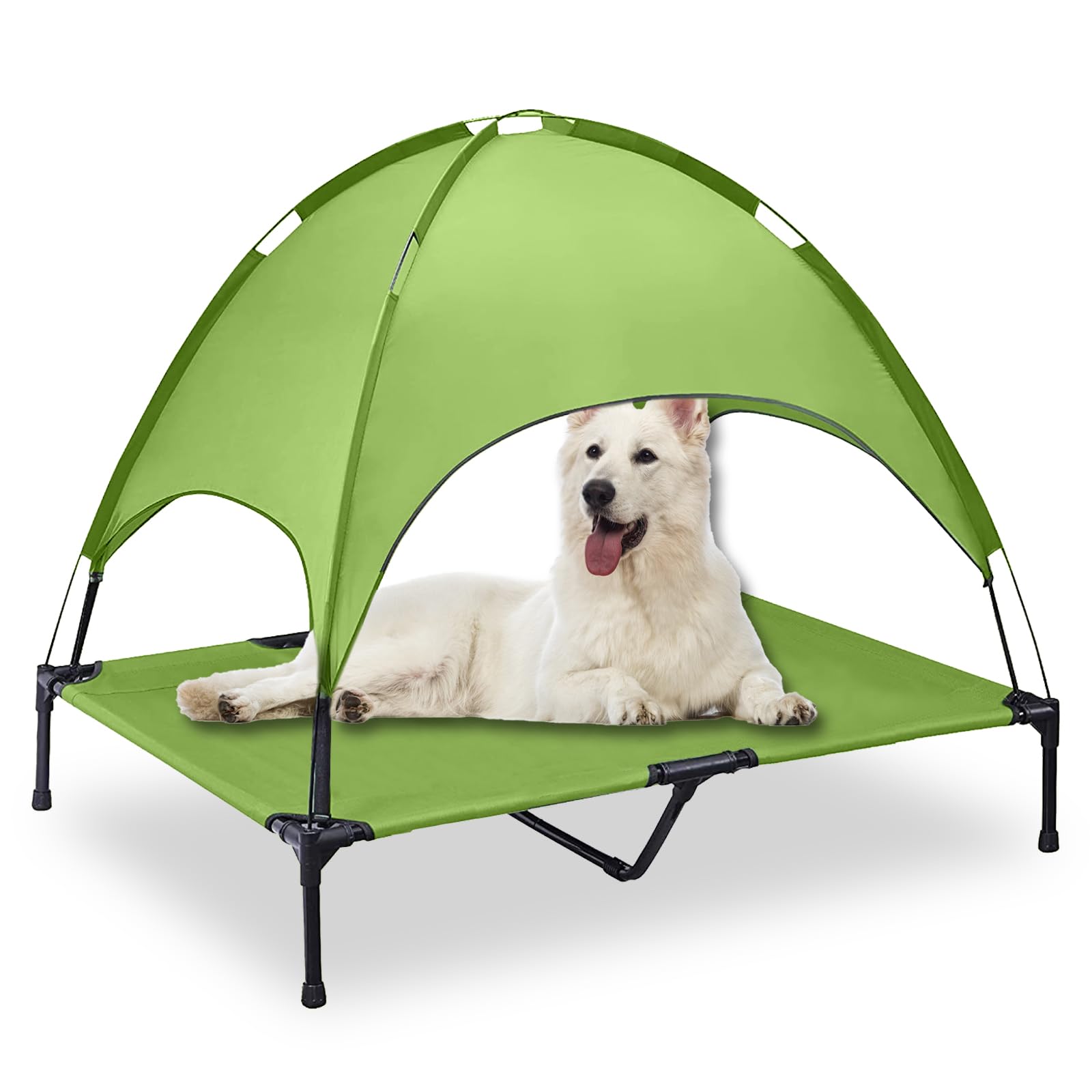 FIOCCO Outdoor Dog Bed with Canopy, Elevated Dog Bed with Canopy, Portable Dog Cot with 600D Oxford Dog Bed Cot with 210D Textilene Canopy, Raised Dog Bed with Removable Shade Tent, Large, Green