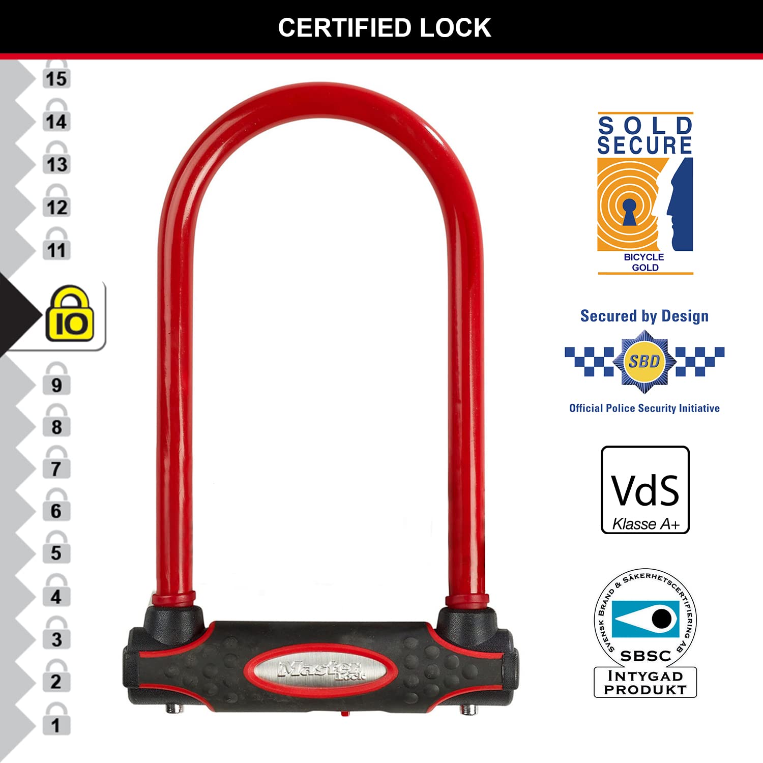 Master Lock Catena Bici U, Chiave, Supporto per il Trasporto, Certificato Antifurto, Rosso, 8195EURDPROCOLR, Da utilizzare con bici elettriche, da montagna, da strada, pieghevoli