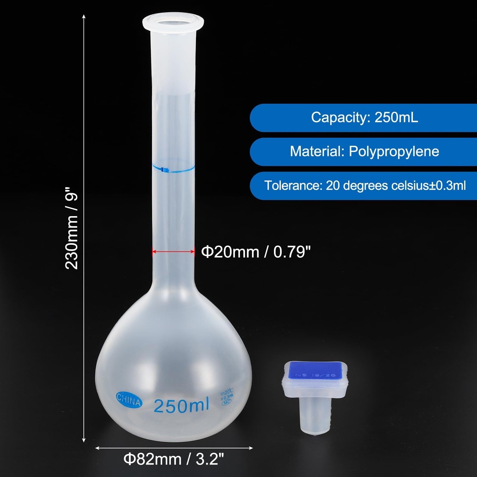 Matraz Aforado Polipropileno 250ml - Matraz de Medida Laboratorio Irrompible con Tapón y Graduación Azul(2,250ml)