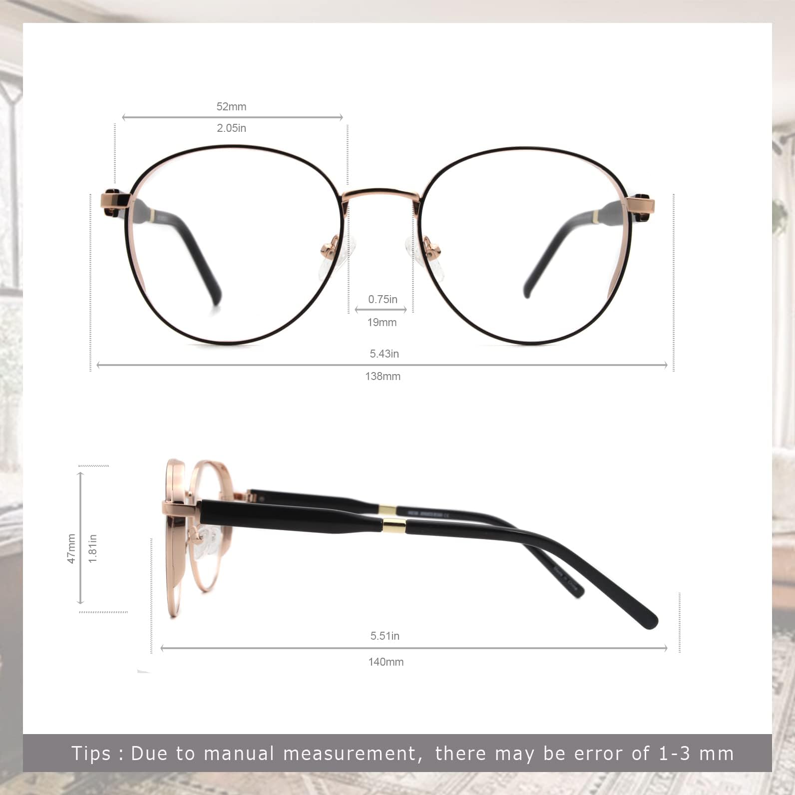 MOSTAR Verres à blocage de la lumière bleue pour hommes et femmes verres de mode monture en métal lunettes rondes, Lunettes dorées noires