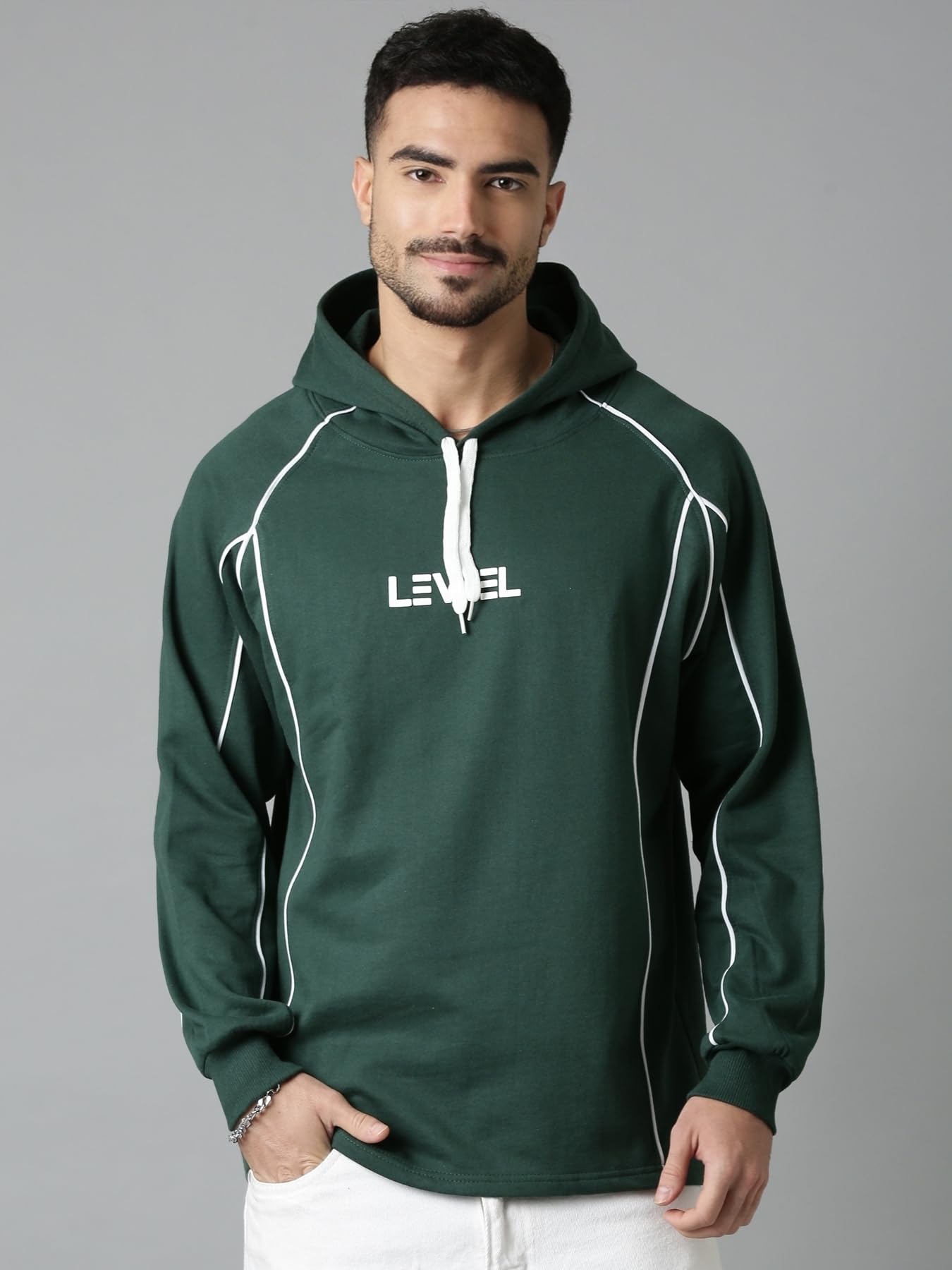 lewel Men's Stylish Multi Panelled Self Design Full Sleeve Hooded Sweatshirt (Green)-picture-10