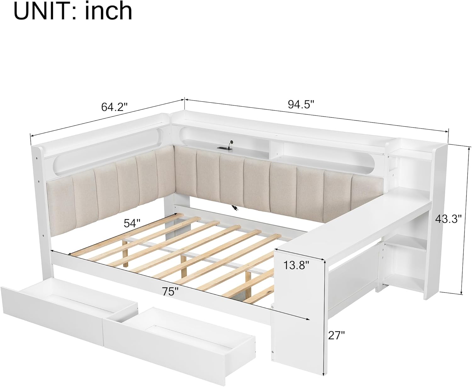 Detailed dimensions of the SOFTSEA Full Size Corner Bed, showing length, width, height, and internal bed measurements.