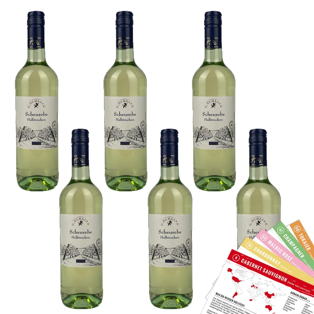 G.Schlink Scheurebe QbA, halbtrocken, sortenreines Weinpaket + VINOX Winecards (6x1,0l)