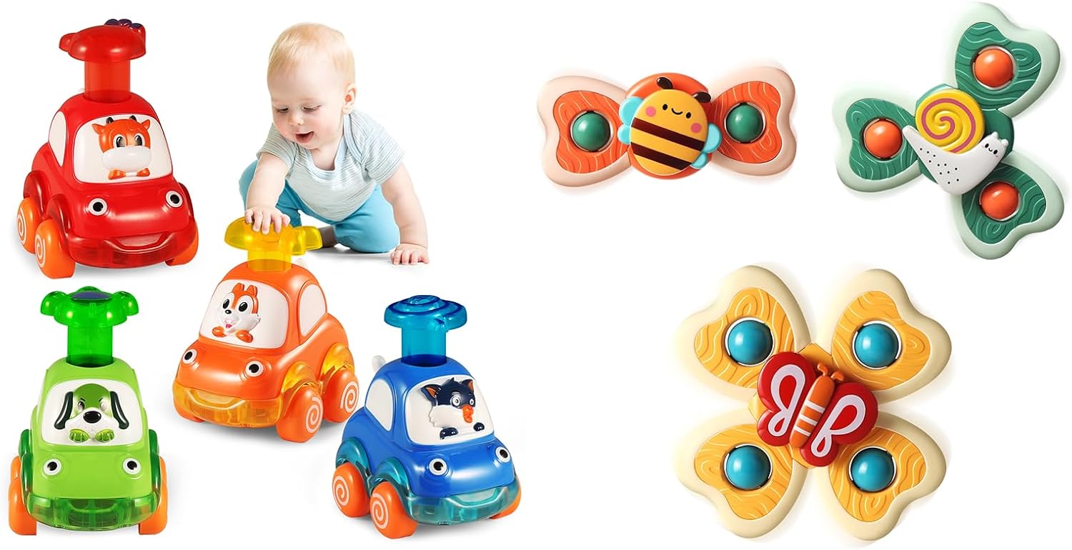 ALASOU 4 PCS Animal Car Toys and 3 PCS Suction Cup Rotating Toys for Infant and Toddlers