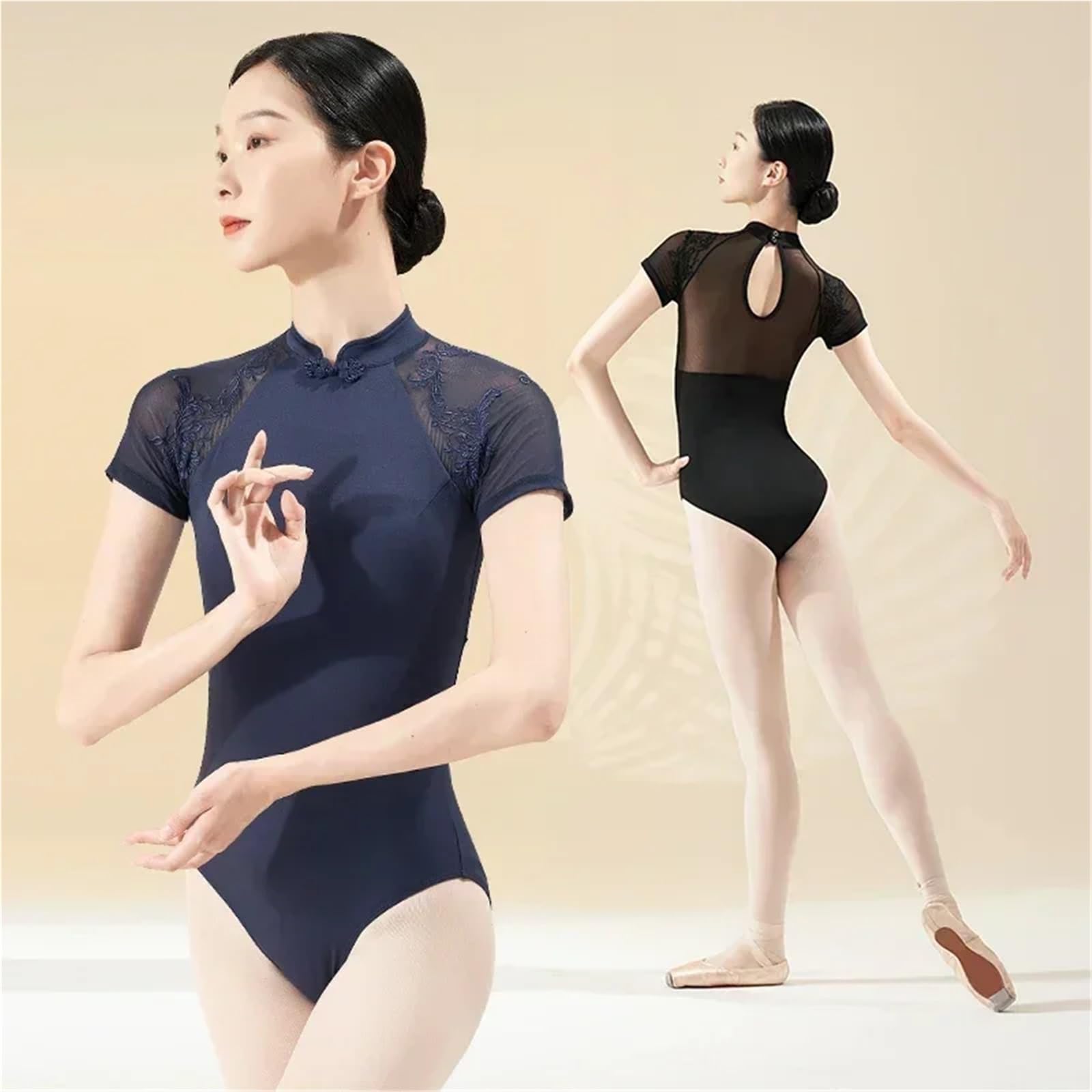 Maillot Ballet Mujer Mallas de Danza clásica for Adultos, Cuello Alto, Nudo Chino, Hebilla Bordada, for Mujer, Ballet, Gimnasia(Deep Blue,M 160cm to 165cm)