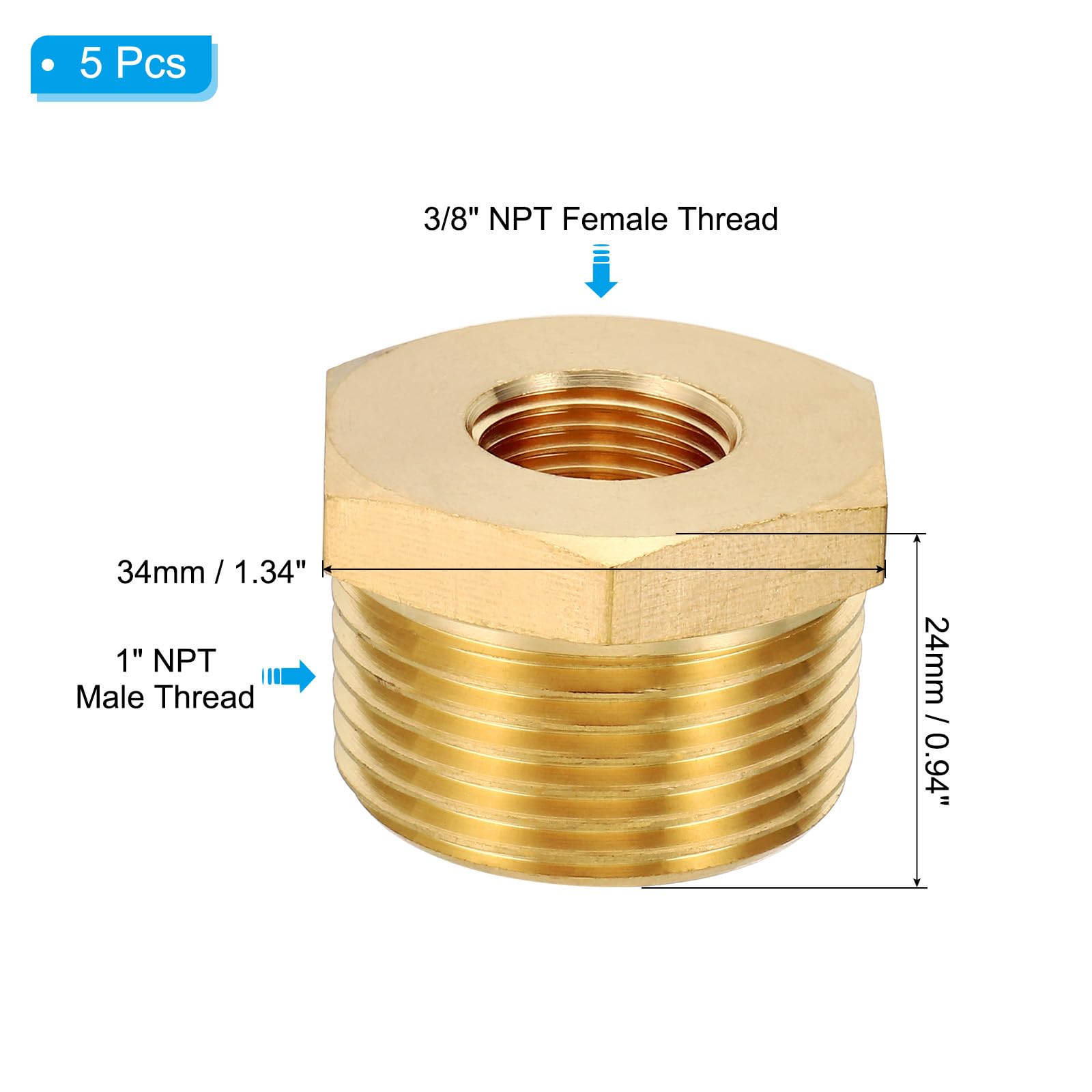 PATIKIL Riduttore A Esagono In Ottone, 5Pz Filettatura Femmina 3/8" NPT x Maschio 1" NPT Raccordi Tubi In Ottone Adattatore Tubi Riduttore Connettore Tubazioni Riduzione Acqua, Aria.