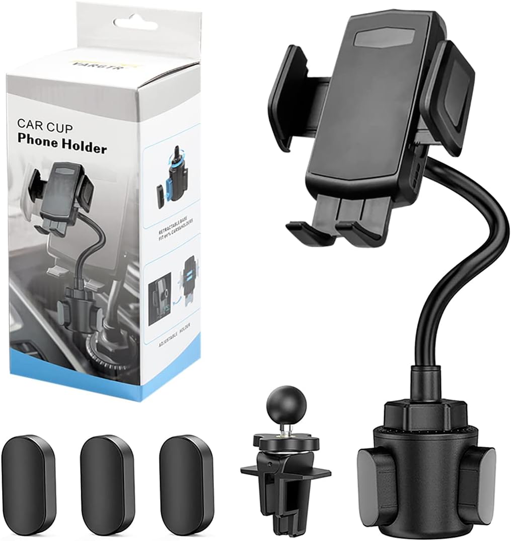 2-in-1 Cup Holder Phone Mount, Universal Adjustable Gooseneck Cup Holder, 360 Rotation, One-Button Release, Fits 4"-7" Phones