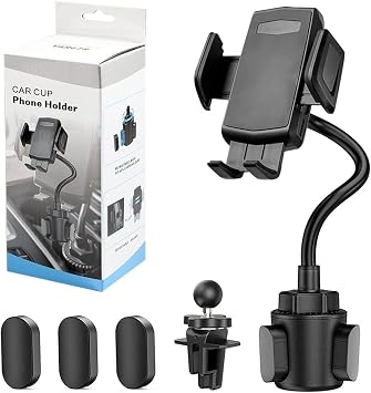 2-in-1 Cup Holder Phone Mount, Universal Adjustable Gooseneck Cup Holder, 360 Rotation, One-Button Release, Fits 4"-7" Phones