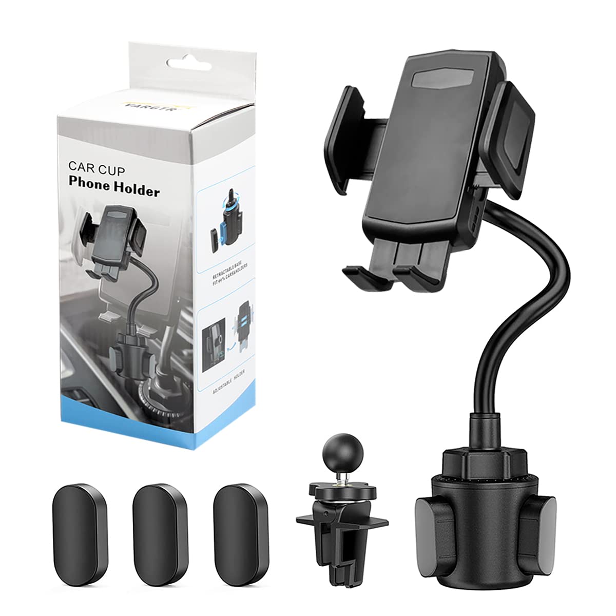VARGTR 2-in-1 Cup Holder Phone Mount Universal Adjustable Gooseneck Cup Holder 360 Rotation One-Button Release Fits 4-7 Phones