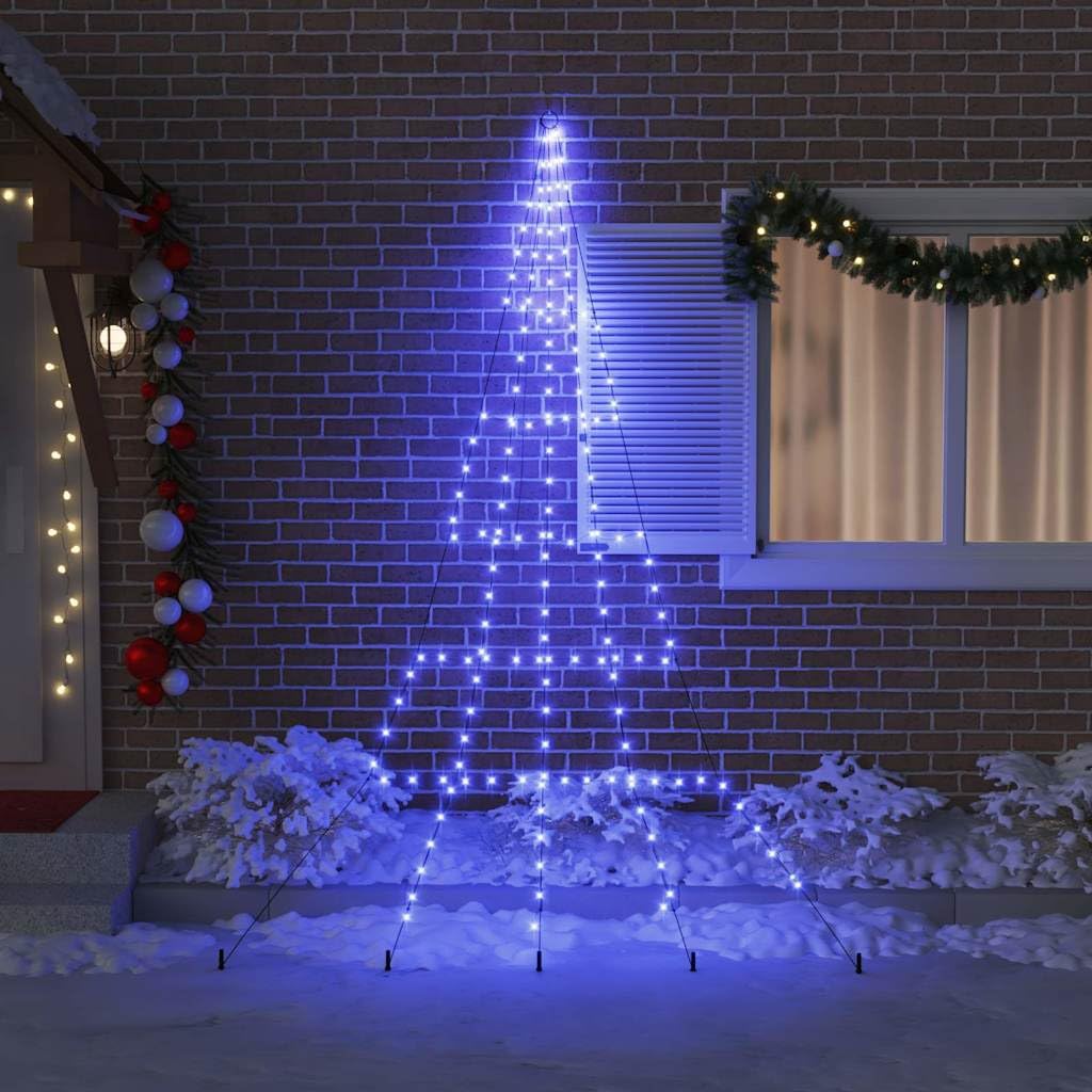 Árbol de Navidad LED con estacas, color azul, 306 cm, estructura metálica, 8 modos, alimentado por USB, para interior y exterior protegido