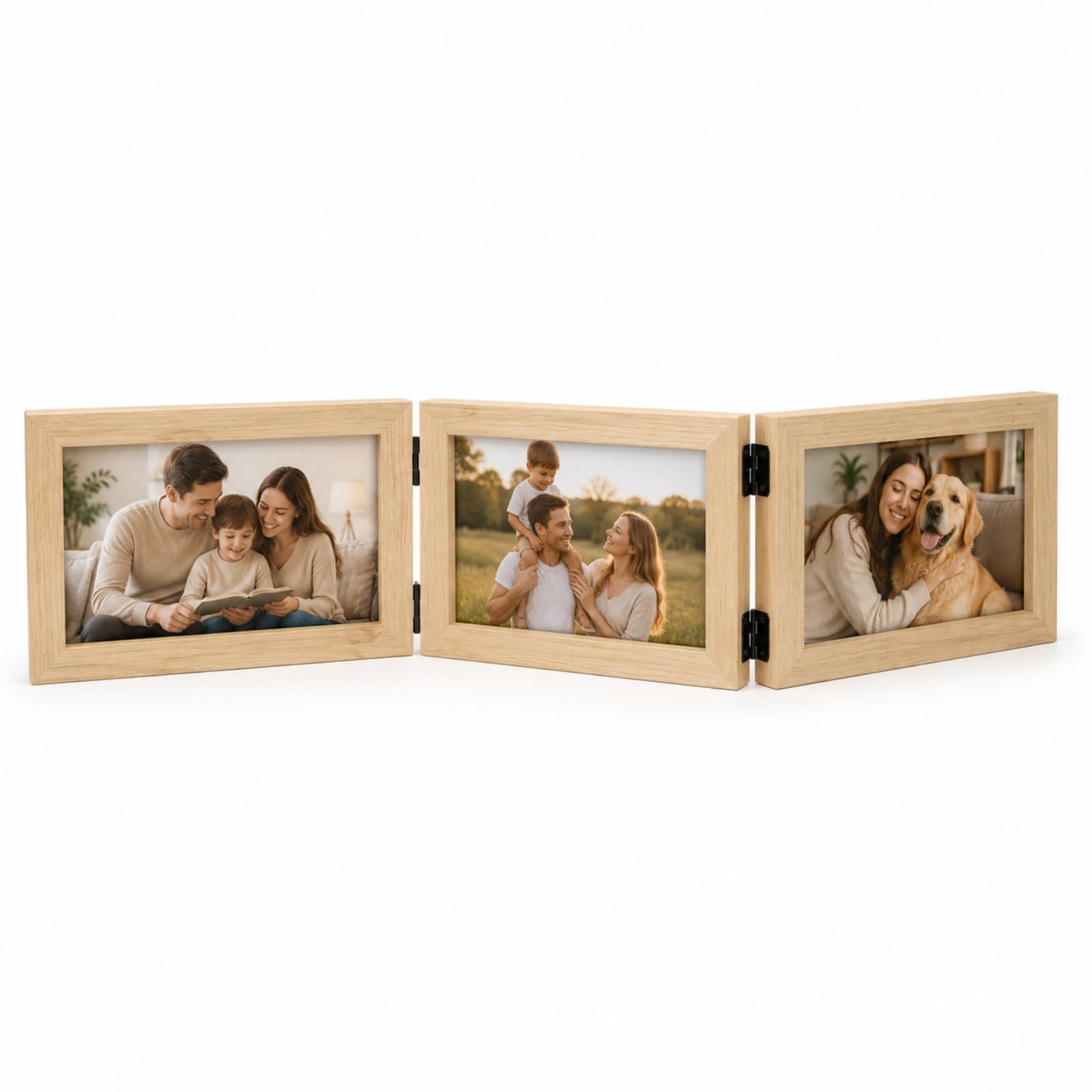 Triple Hinged Photo Frame, Solid Wood Folding Picture Frame with Acrylic Front, Freestanding Multi Photo Display Frame for Family Photos, Wedding Pictures, Home Office Desk Decor (5X7)