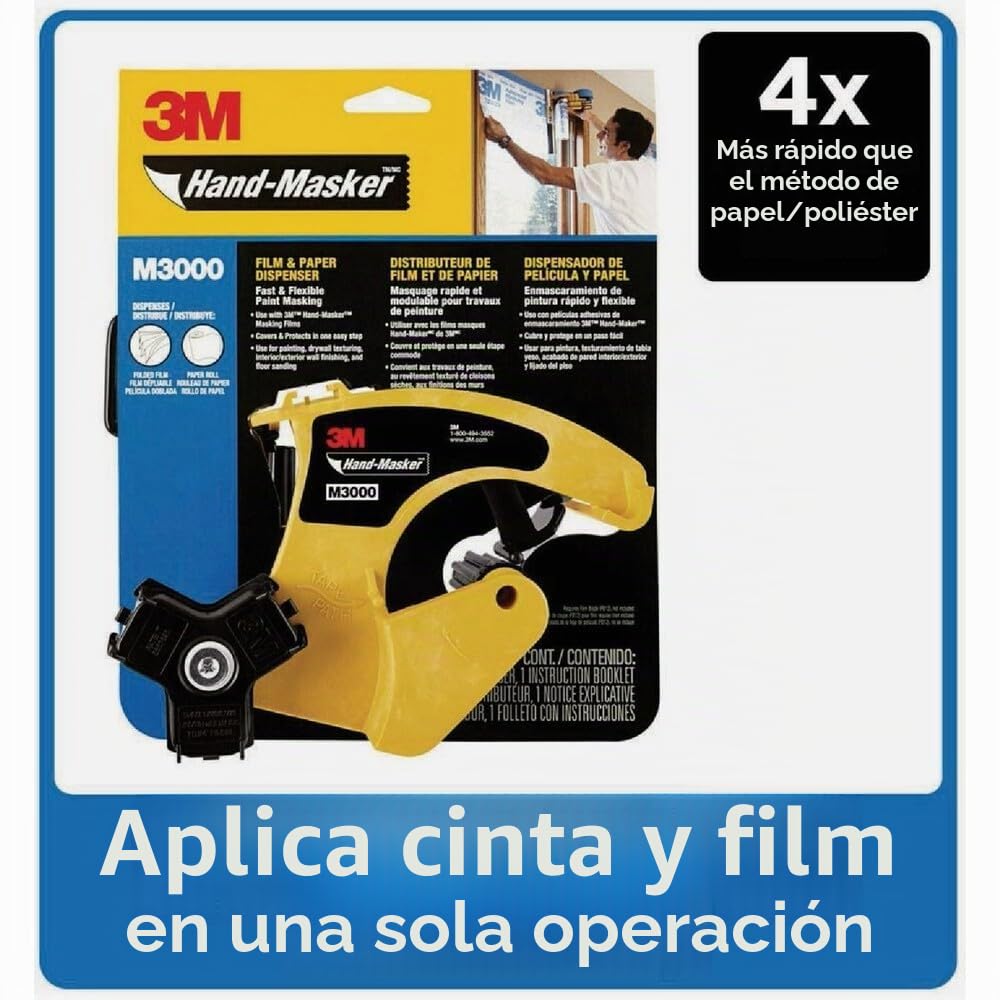 3M Pro Herramienta Hand-Masker M3000 para enmascarar películas y papel, todos los anchos de cinta, 1 dispensador sin cuchilla