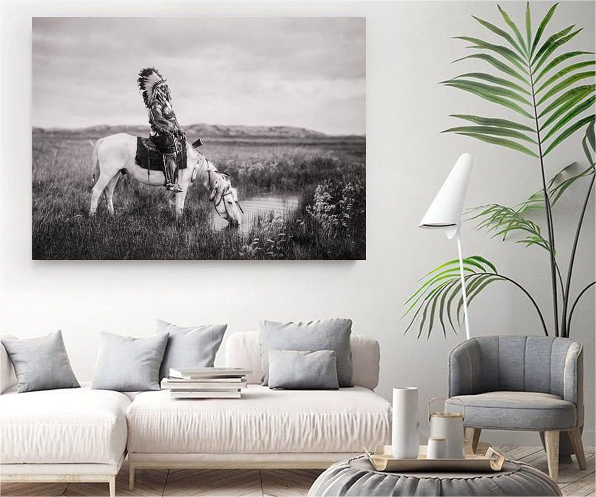 VERRE ART Printed Framed Canvas Painting for Home Decor Office Wall Studio Wall Living Room Decoration (34x22inch Wrapped) - Oglala Indian Man Circa