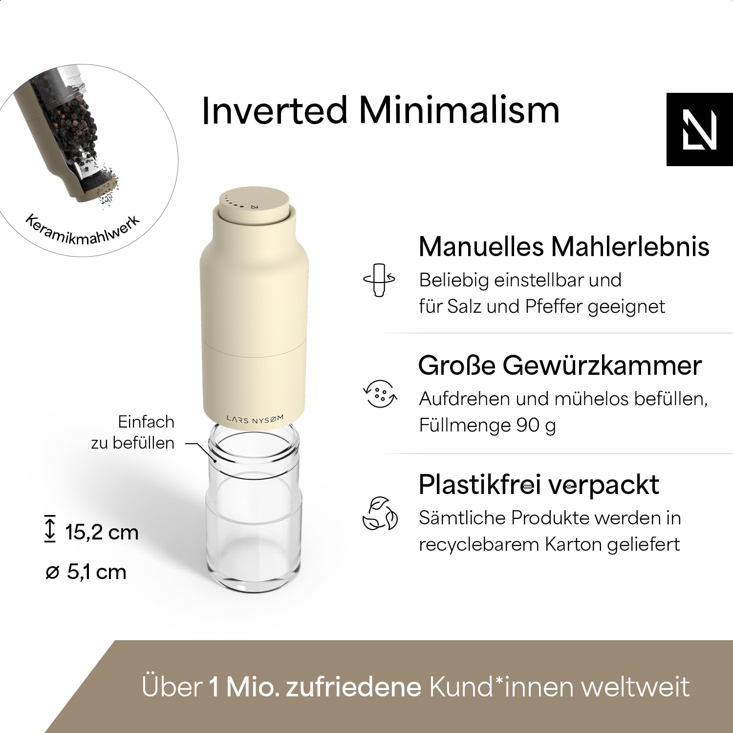 LARS NYSØM Salz und Pfeffermühle Set mit verstellbarem Keramikmahlwerk I Edelstahl Pfeffermühle und Salzmühle I Gewürzmühlen Set