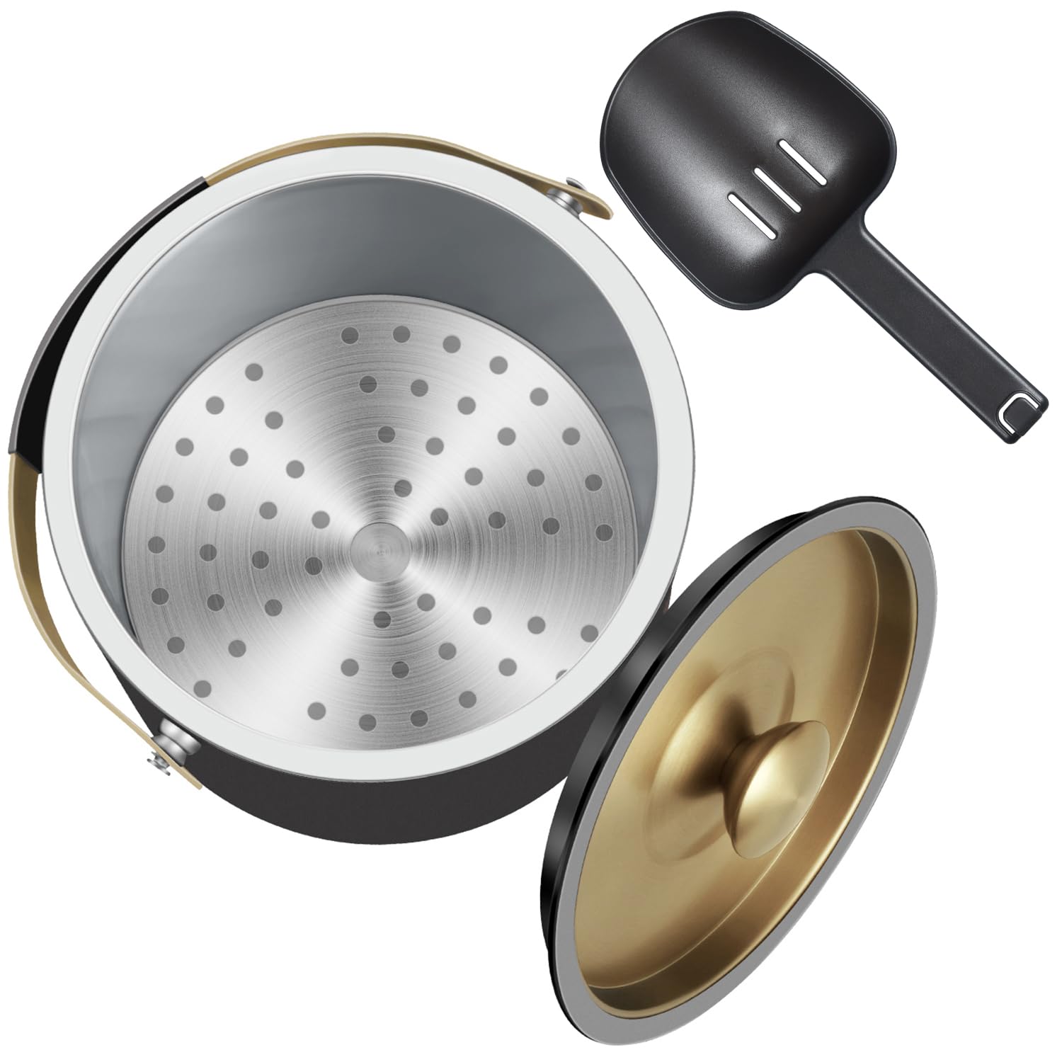 3.2L Eiswürfelbehälter mit Deckel und Schaufel, Edelstahl Eiskübel Doppelwandiger Isolierter Eisbehälter für Cocktailbar und Partys (Schwarz)