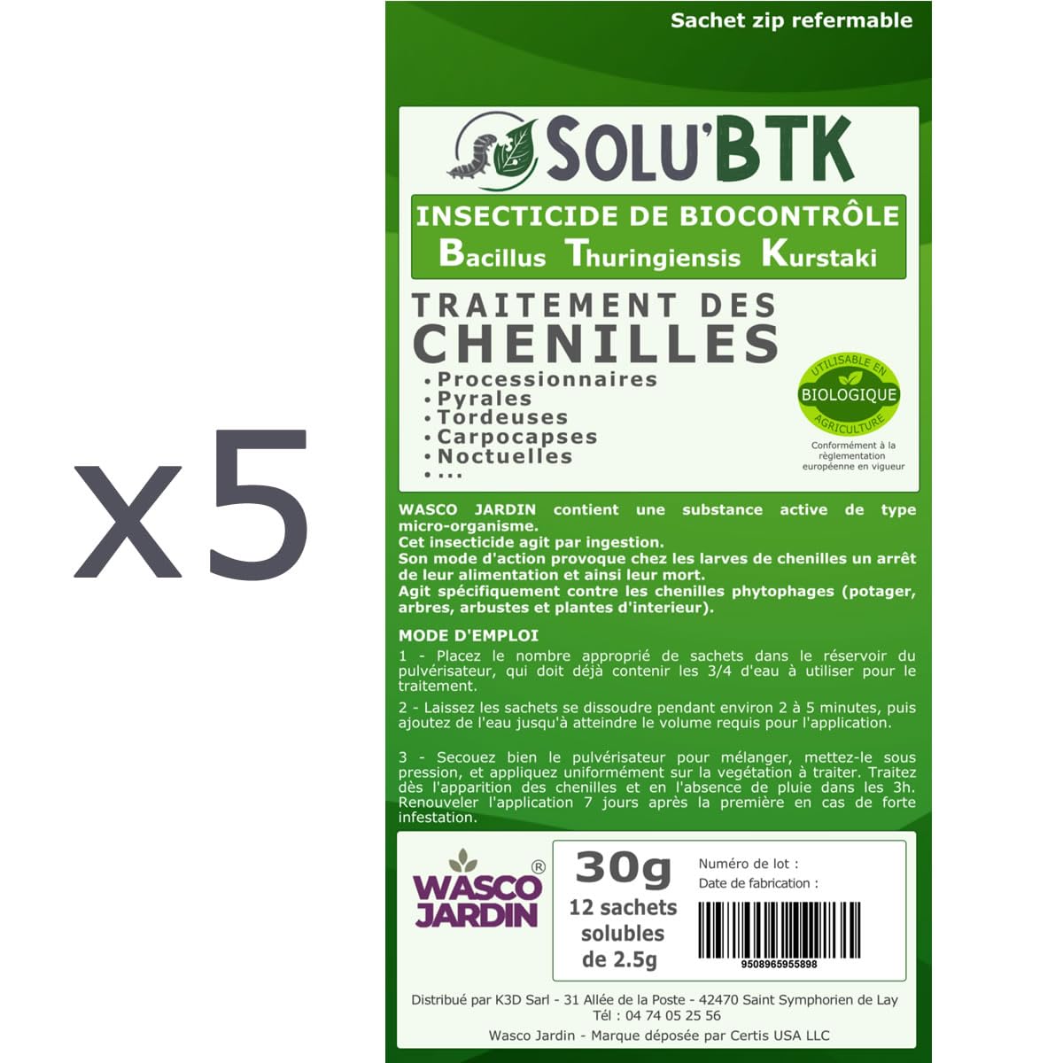 SoluBTK - Ver du Poireau 150 g Bacillus thuringiensis - Insecticide Utilisable en Agriculture Biologique