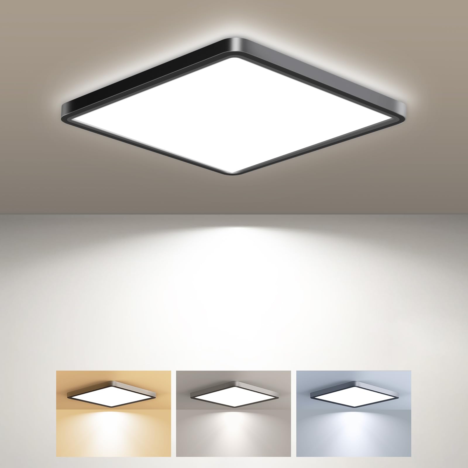 zemty Deckenlampe LED Deckenleuchte Flach, 3Farben - 3000K/4000K/6500K, IP44 Wasserfest Quadrat Badlampe Decke, 1800LM Modern LED Decklit für Flur küche Badezimmer Schlafzimmer Büro, Ø18CM