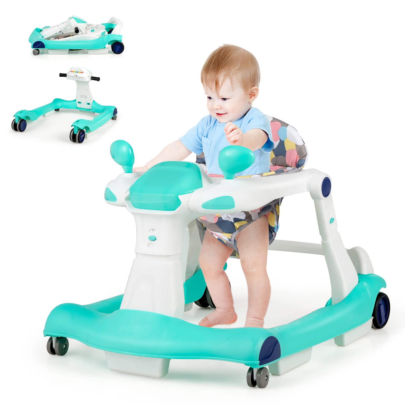 RELAX4LIFE 2 in 1 Girello Neonato 6-18 Mesi, Primi Passi Pieghevole per Bambini con Altezza e Velocità Regolabili, Musica e Luce, Cuscino Rimovibile e Lavabile, Fino a 15 KG (BLU)