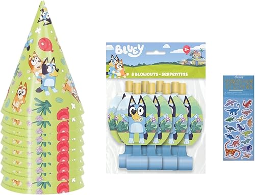 Unique El paquete de suministros para fiesta de cumpleaños de Bluey incluye 8 sombreros de fiesta y 8 explosiones de fiesta