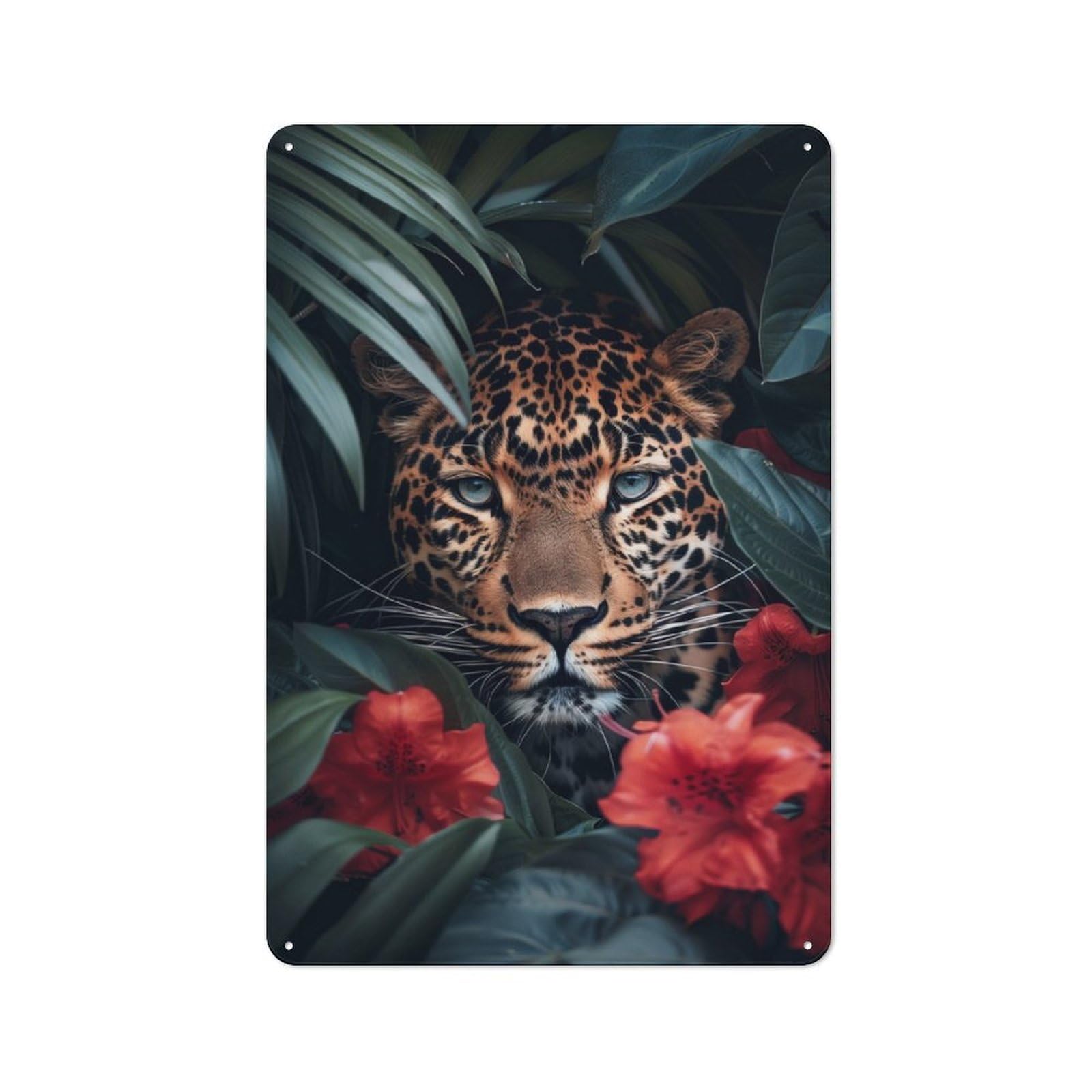 Junmoney Leopard In Jungle Red Flowers Tin Wall Plaque 30X20cm With For Home Bar Wall, For Hosts Who Enjoy Retro Interiors