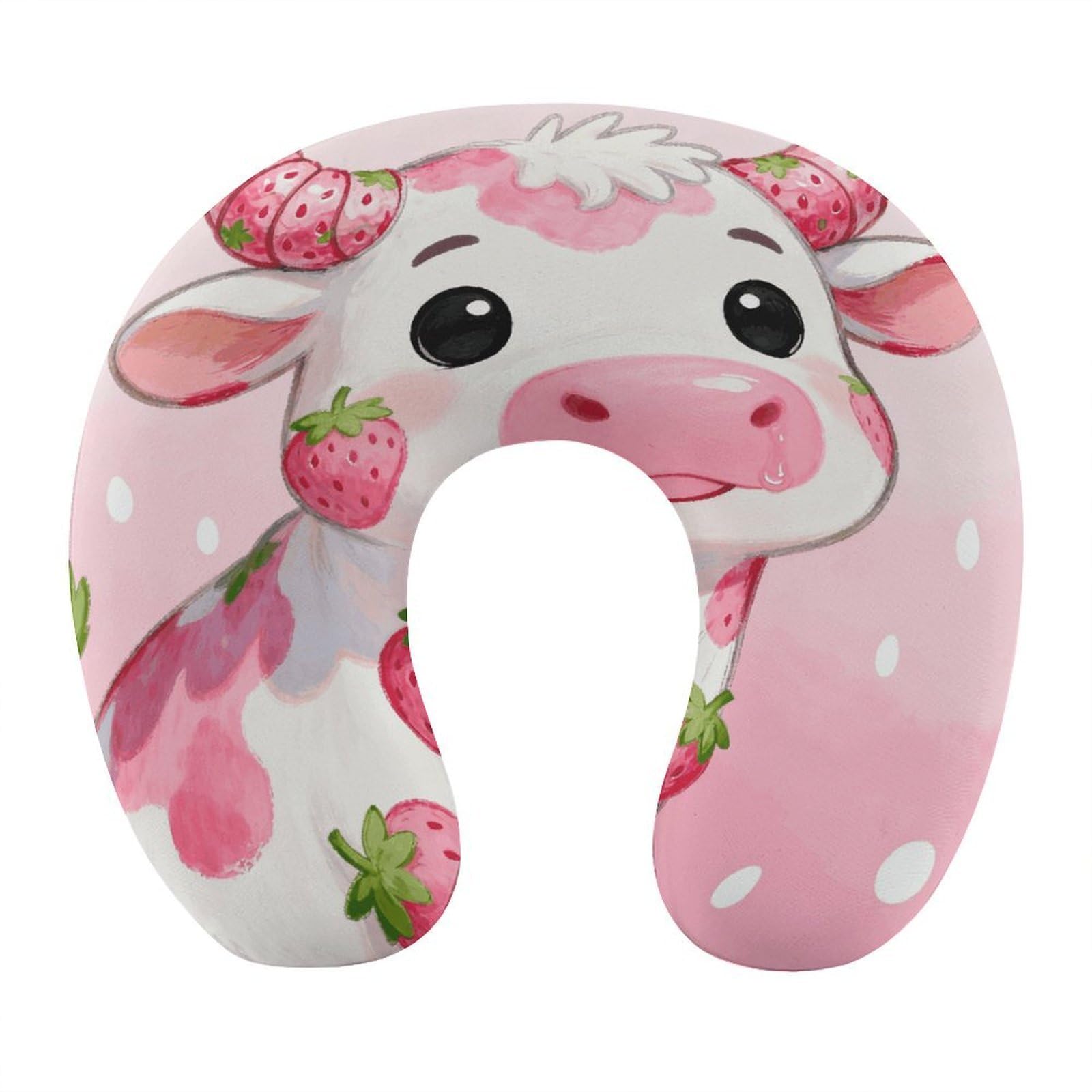 VstaDank Strawberry-Flavored Cute Cow Neck Pillow Soft Comfortable Travel U Shaped Pillows Portable Pillows for Shoulder Memory Foam Head Support Pillow for Airplane Car Home Office