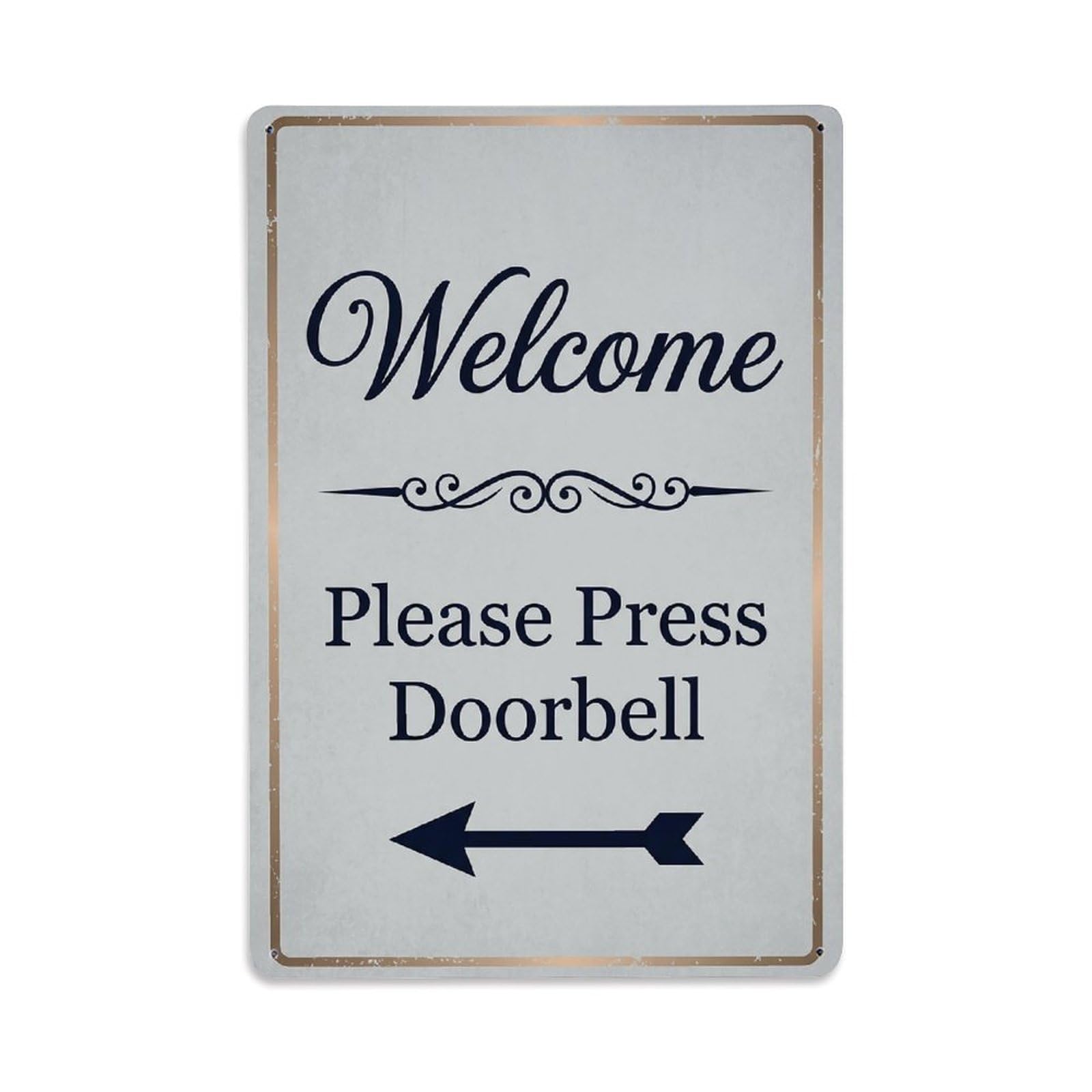 Vintage Welcome Please Press Doorbell Arrow Scroll Metal Tin Sign