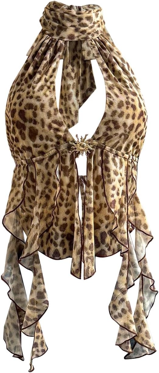 BEAUDRM Women's Cheetah Print Top Y2K Rave Leopard Ruffle Halter Tops Summer Vacation Going Out Tops Festival Concert Outfits