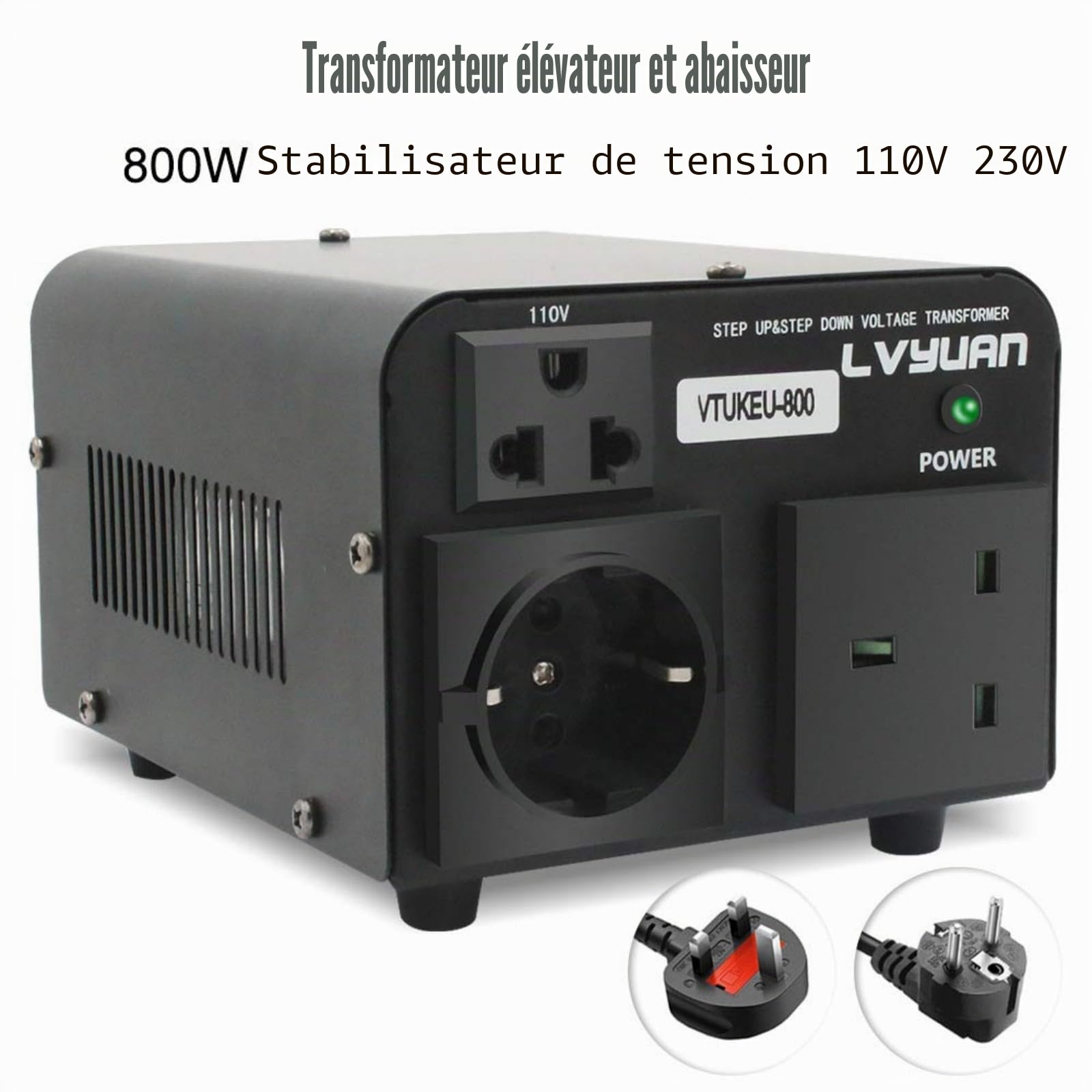 Cantonape Convertisseur de tension 800 VA 220 V/110 V - Transformateur élévateur/réducteur de tension 800 W USA, sortie 110/120 Volt 220/230 Volt AC