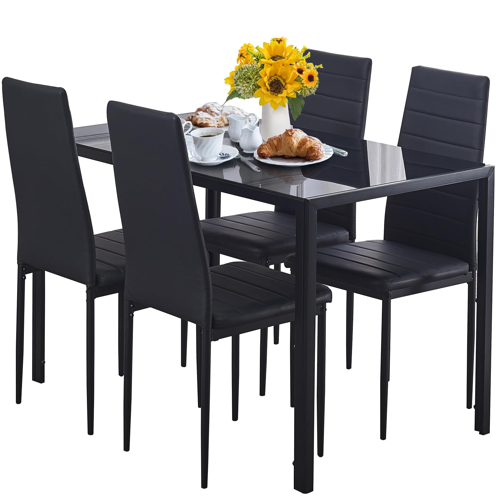 paonne 5 Pieces Black Dining Room Set with Rectangular Kitchen Table and 4 Chairs, Modern Black Glass Kitchen Table with Faux Leather Dining Chairs for Dinette/Restaurant