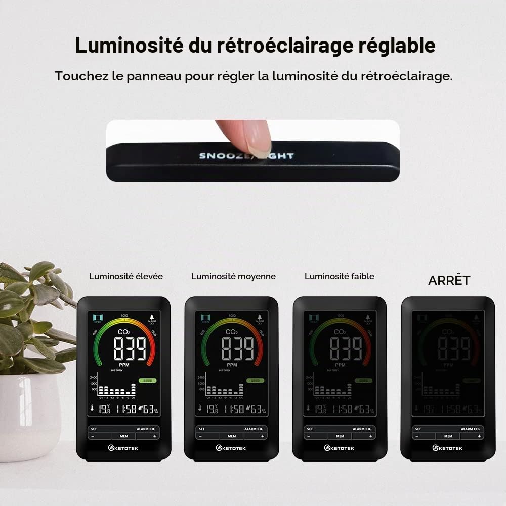 KETOTEK Detecteur CO2, Moniteur de Qualité de L'air Intérieur, Capteur CO2 avec Alarme, Détectant la Dioxyde de Carbone Température et Humidité