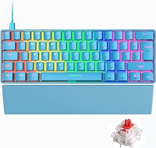 UK Layout Wired Gaming Keyboard with Wrist Rest Support, 60% Mechanical Keyboard 19 RGB Chroma Backlit 62 Keys Anti-Ghosting Ergonomic Keyboard Wrist Cushion Pad with Memory Foam-Blue/Red Switch