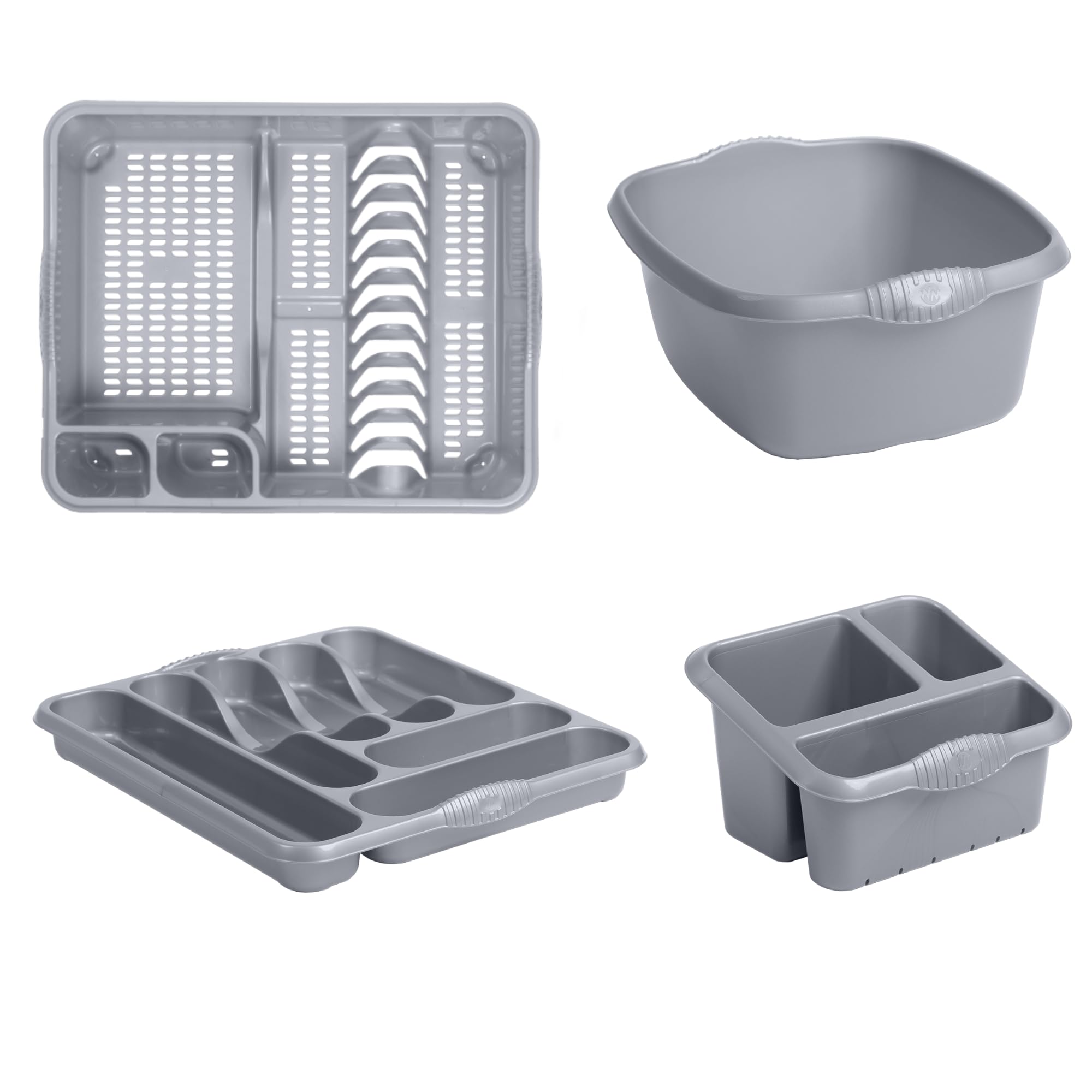 Homey Mart 4-Piece Kitchen Sink Set, Large Dish Drainer, 39cm Washing Bowl, Cutlery Tray and Sink Tidy, Grey/Silver