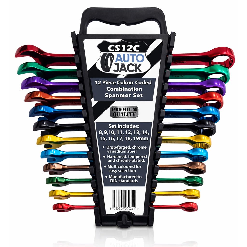 Autojack 12-Piece Combination Spanner Set, Multi-Coloured Metric Wrenches 8–19mm, High-Torque Chrome Vanadium Steel