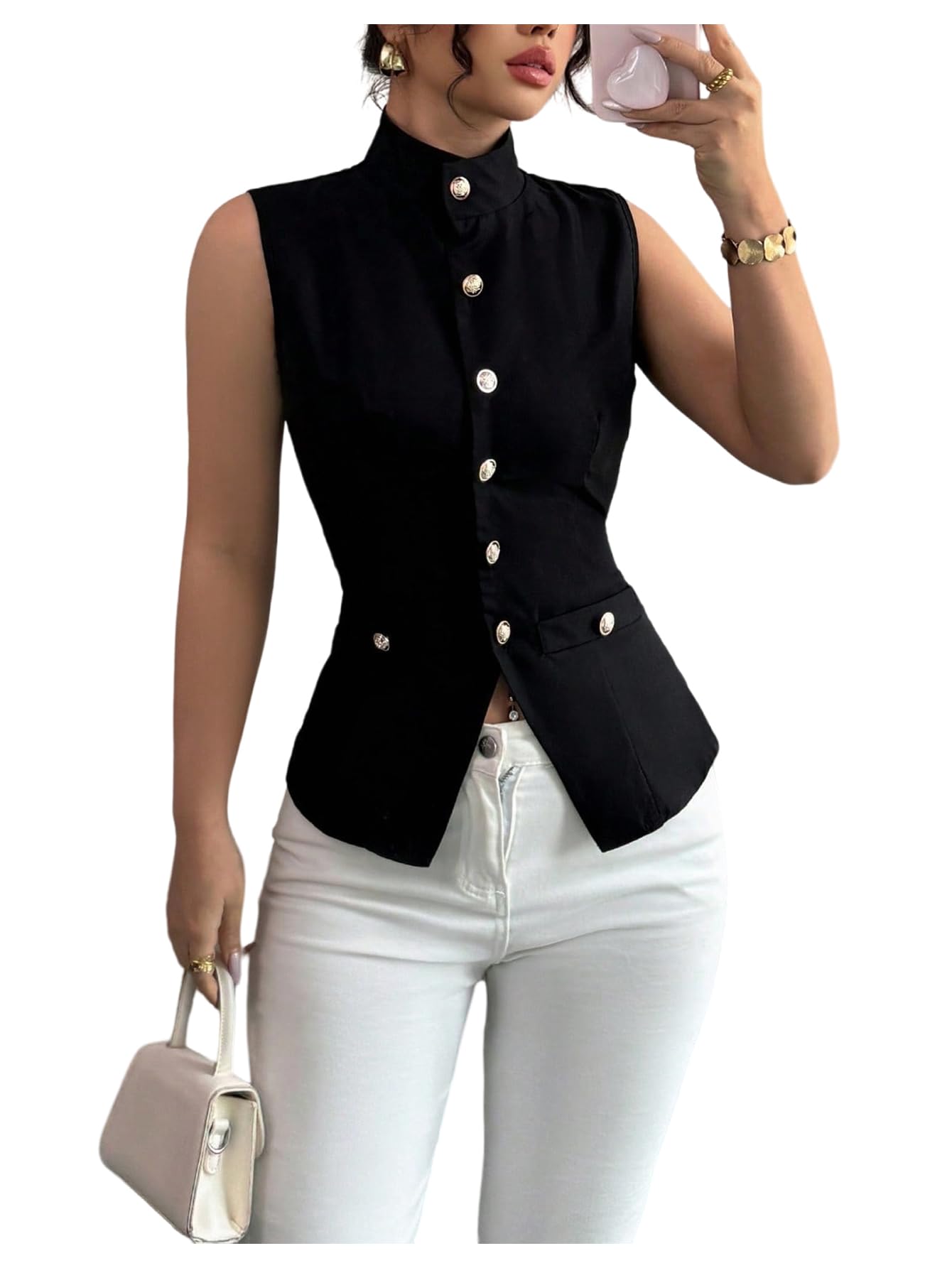 GORGLITTER Womens Button Up Vest Shirt High Neck Sleeveless Waistcoat Dressy Going Out Tops