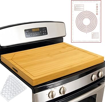Bamboo Stove Top Cover with Handles, 75   55   5 cm   Wooden Hob Cover Board for Gas & Electric Stoves, Kitchen Worktop Tray with Overflow Channel, Includes 50 70 cm Silicone Mat