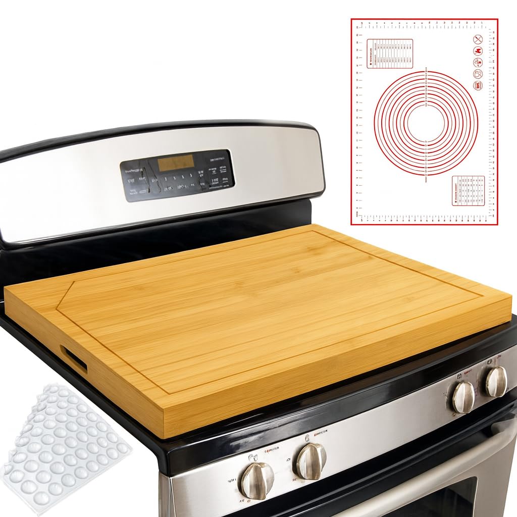 KATKLIU Tabla de Cortar Grande de Bambú 75×55 cm con Asas – Cubierta de Encimera Reversible para Cocina de Gas o Inducción, Protector de Superficie Fácil de Limpiar