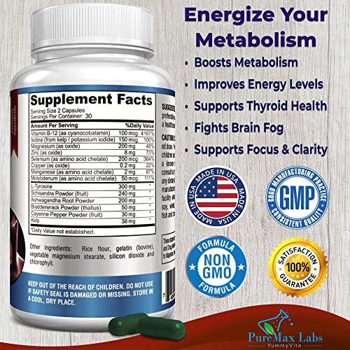 thyroid support with iodine - metabolism booster energy booster increase focus - premium non-gmo thyroid supplement 60 capsules
