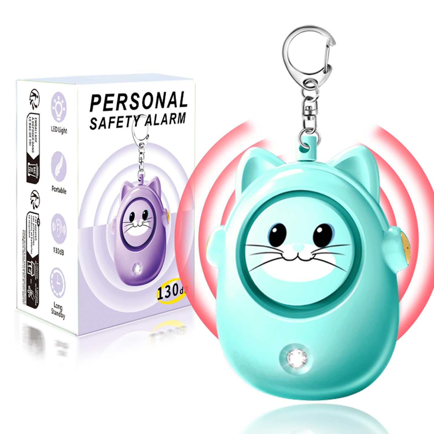 Portachiavi con allarme di sicurezza personale, sirena da 130 dB, luce a LED, grazioso design a forma di gatto, dispositivo di sicurezza per donne, bambini, anziani