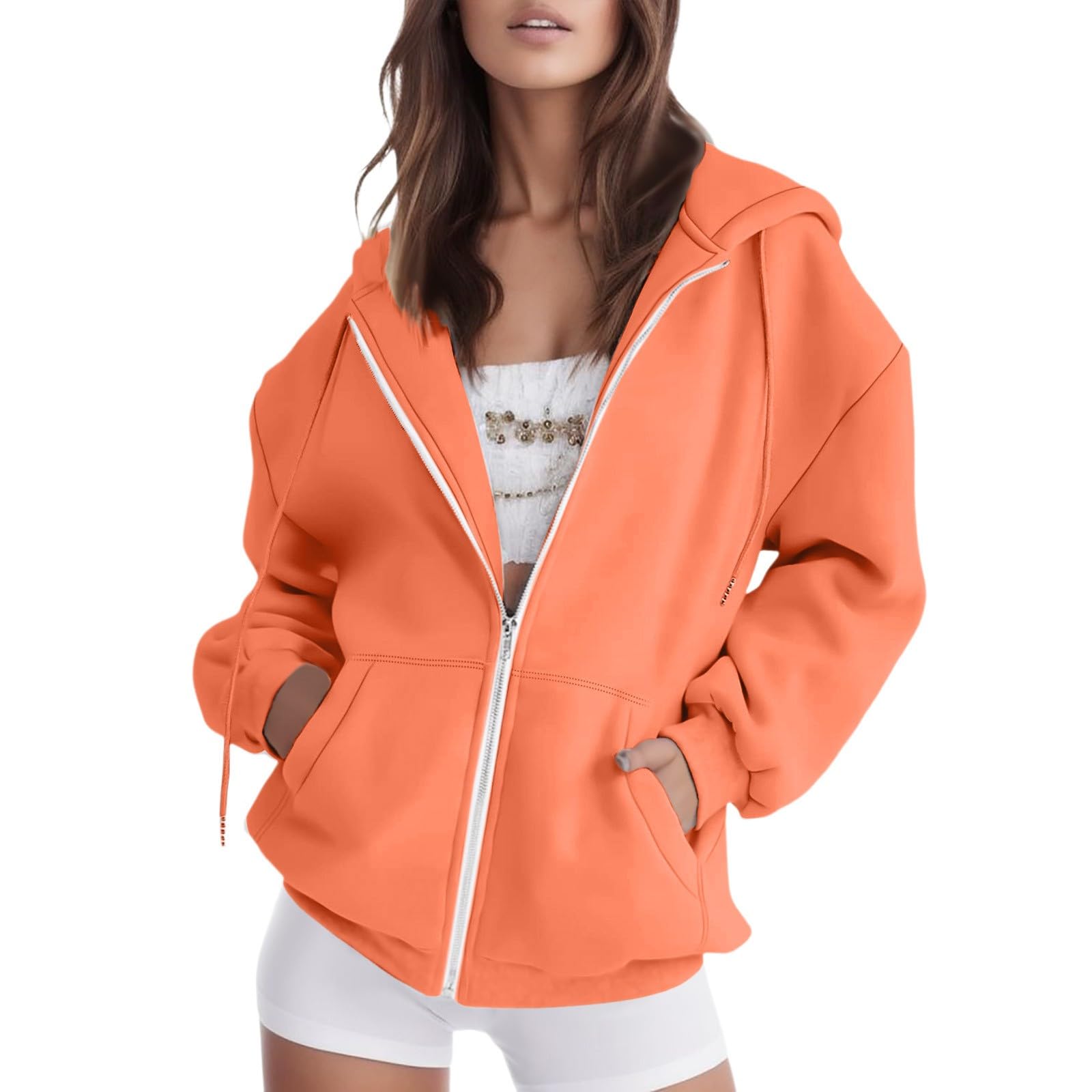 Cute Tops For Women Fall Zip Up Hoodies Oversized Sweatshirt Y2K Clothing Casual Drawstring Coat with Pockets