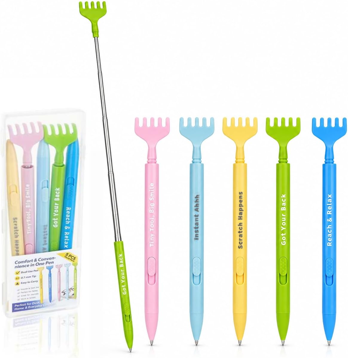 Back Scratcher Pens 5 Pack, Retractable Ballpoint Pen with Extendable Scratcher, Funny Office Supplies, Novelty Desk Accessories, Gag Gifts for Coworkers, Teachers, Men and Women